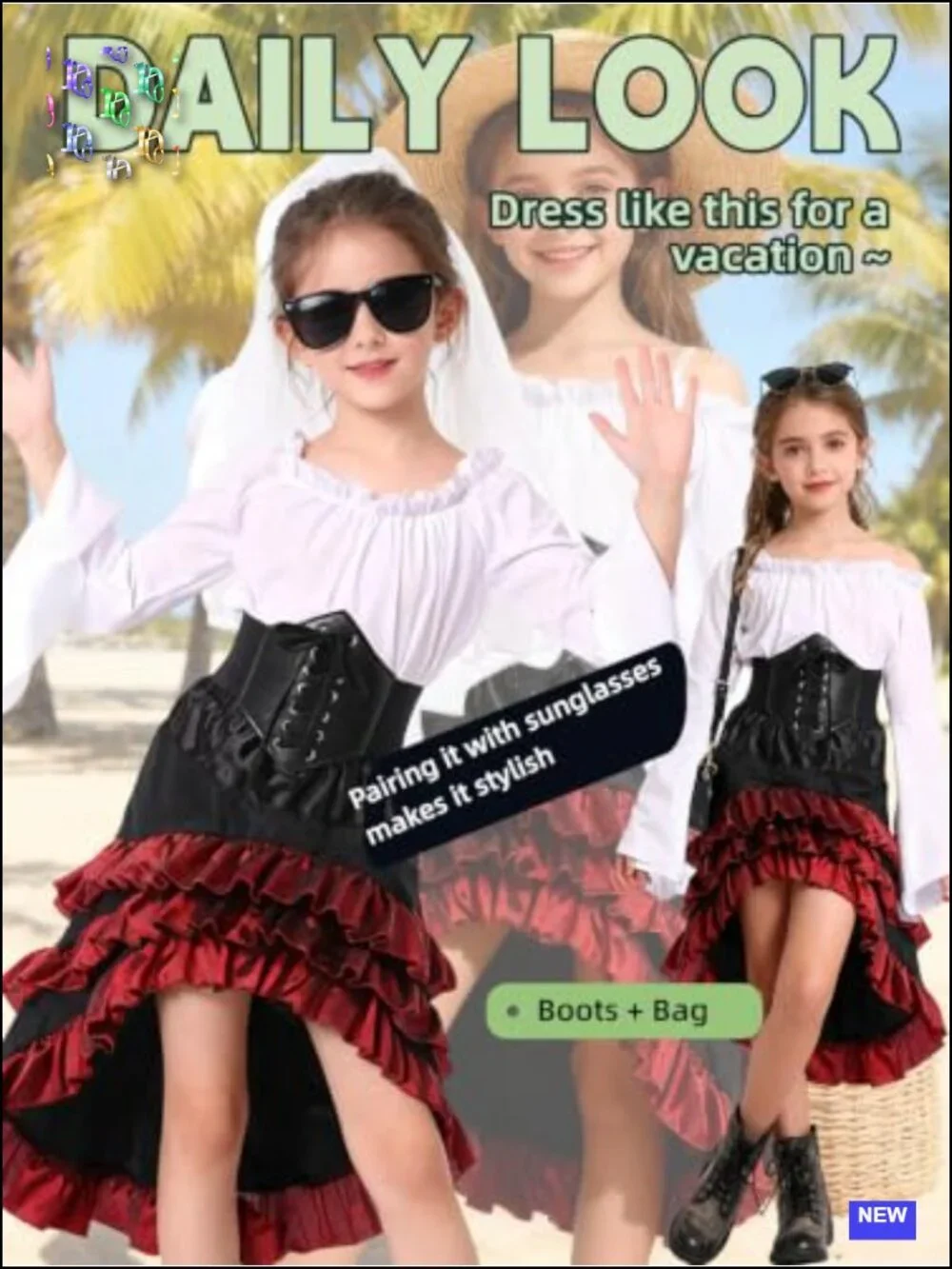 Girls Pirate Costume Medieval Renaissance Dress with Waist Belt & Headscarf
